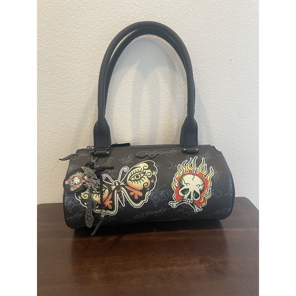 Ed Hardy Black Shoulder Bag with Skull and Butterfly Design New
